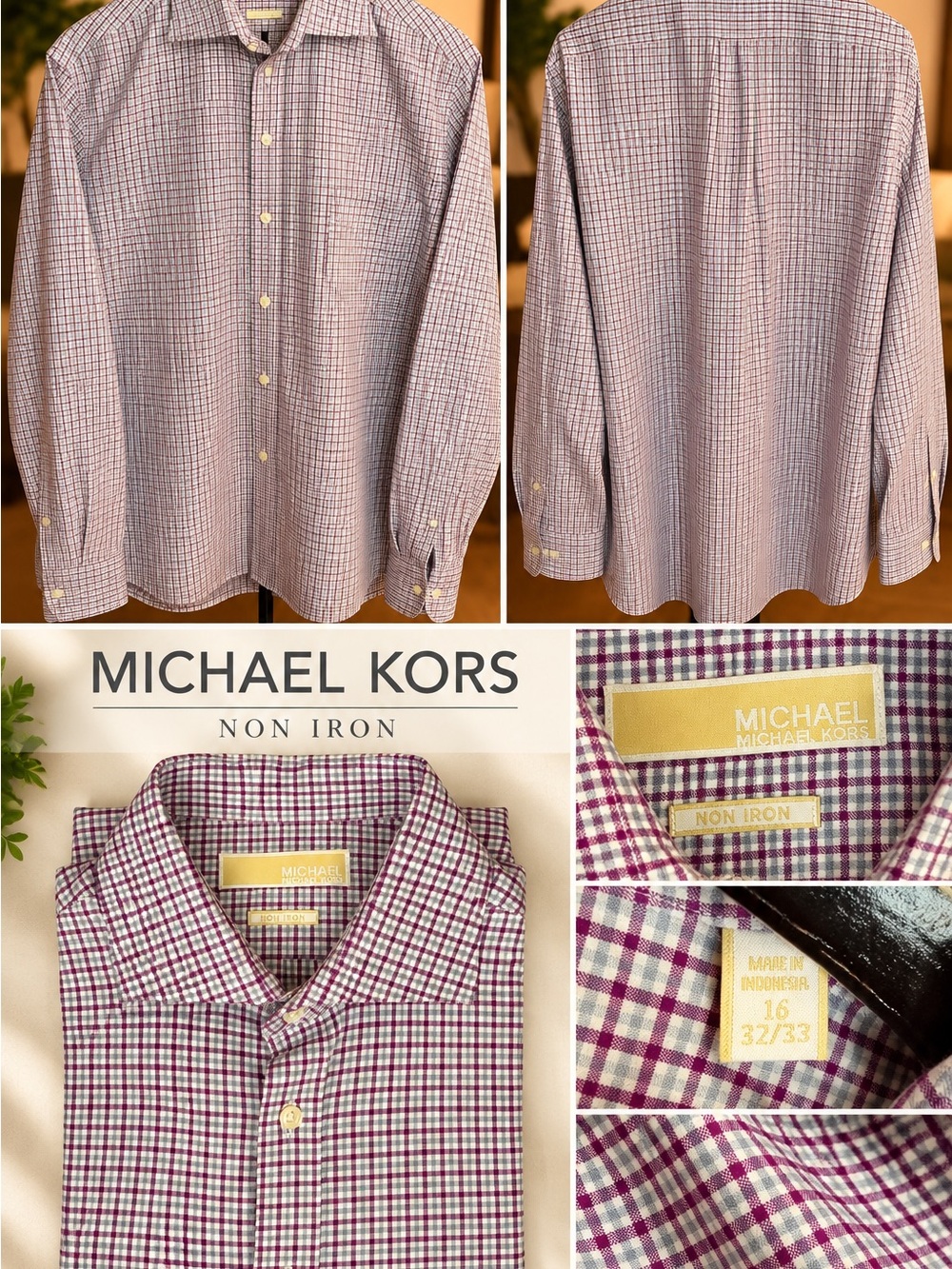 Michael Kors Men’s Purple and White Check Dress Shirt